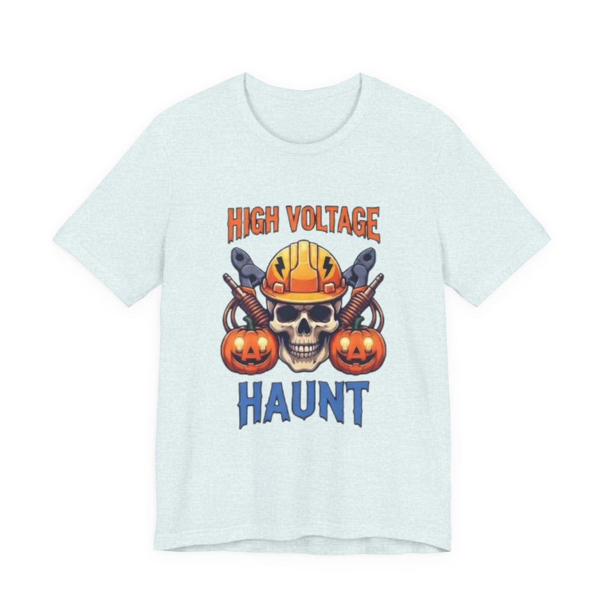 High Voltage Haunt T-Shirt — Halloween Skull, Pumpkins & Hard Hat Tee