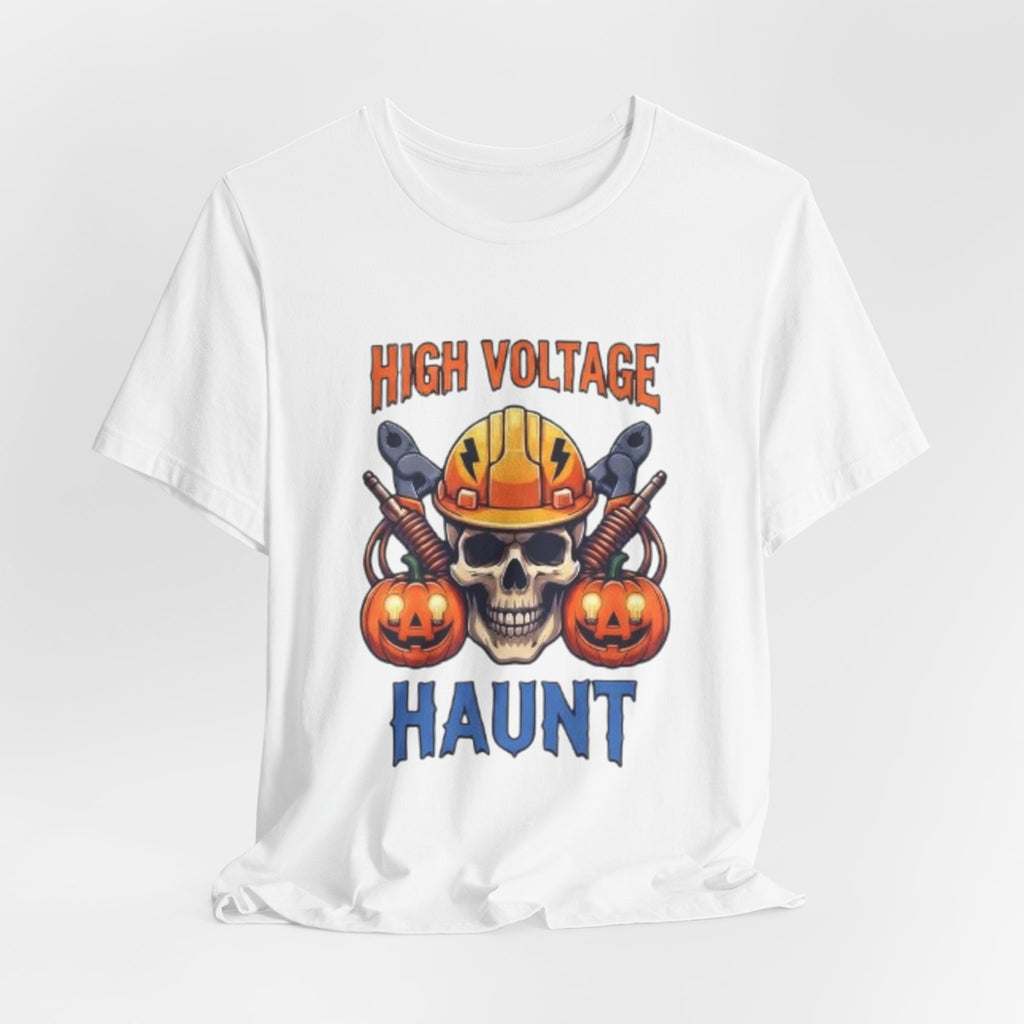 High Voltage Haunt T-Shirt — Halloween Skull, Pumpkins & Hard Hat Tee