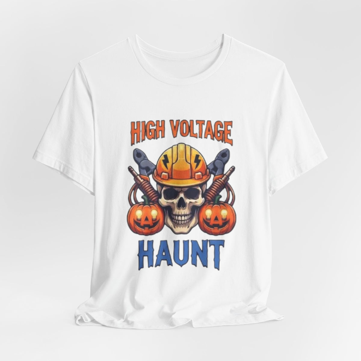 High Voltage Haunt T-Shirt — Halloween Skull, Pumpkins & Hard Hat Tee