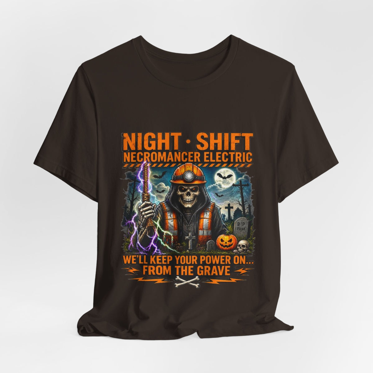 Night Shift Necromancer Electric T-Shirt — "We’ll Keep Your Power On From the Grave" Halloween Tee