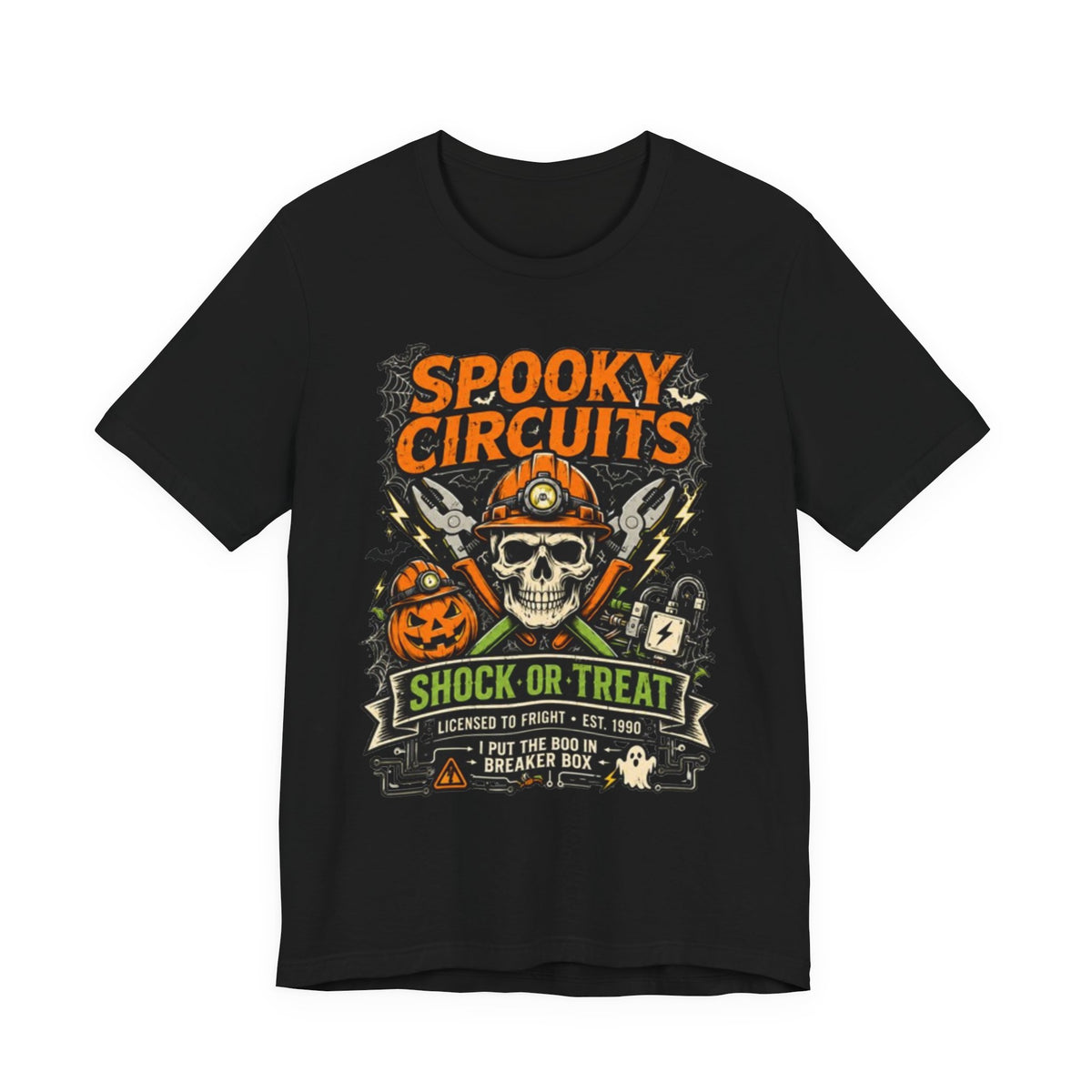 Spooky Circuits Halloween T-Shirt — "Shock or Treat" Skull & Pumpkin Tee