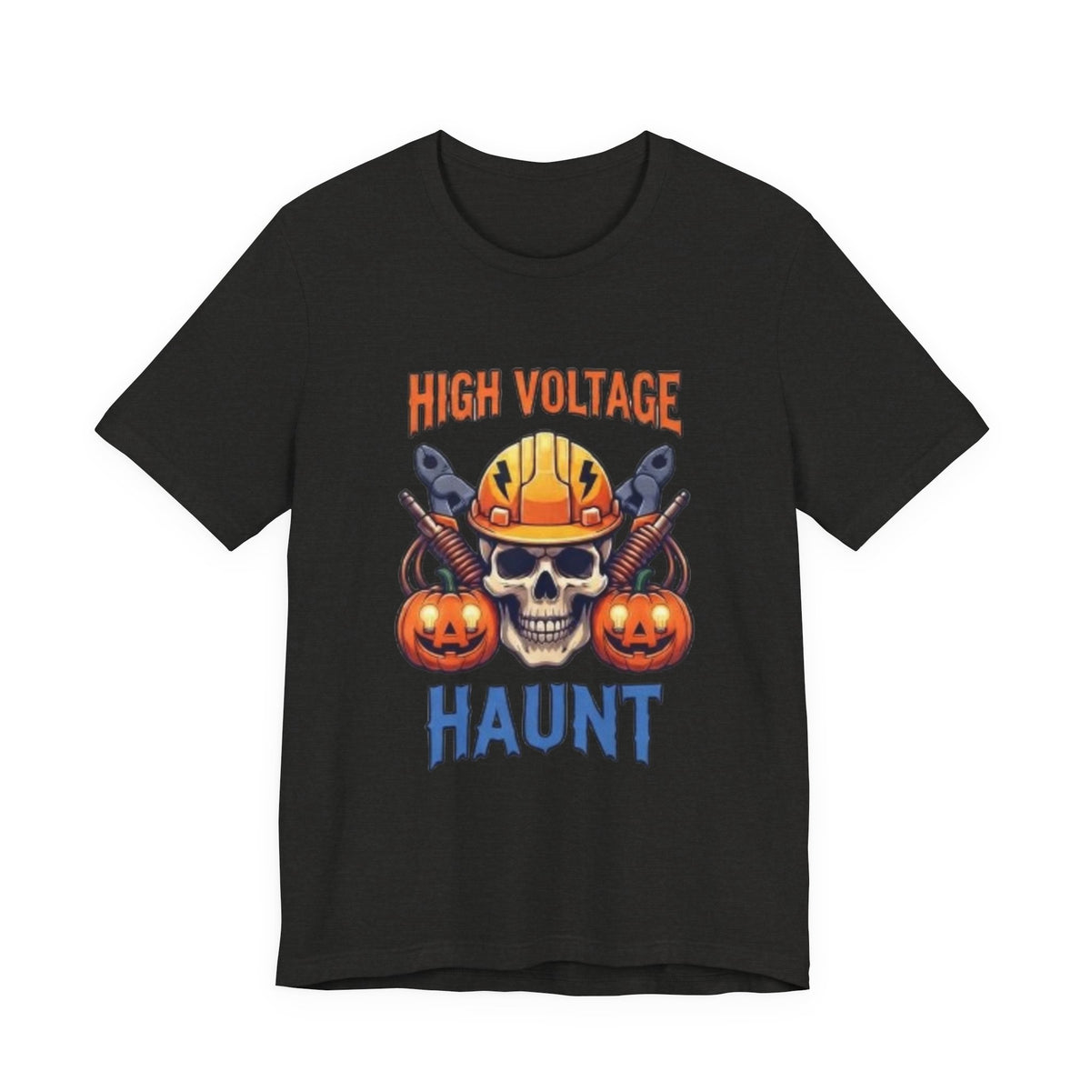 High Voltage Haunt T-Shirt — Halloween Skull, Pumpkins & Hard Hat Tee