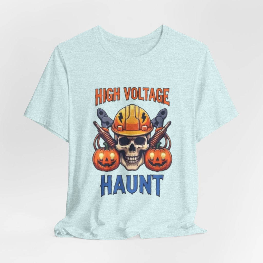 High Voltage Haunt T-Shirt — Halloween Skull, Pumpkins & Hard Hat Tee
