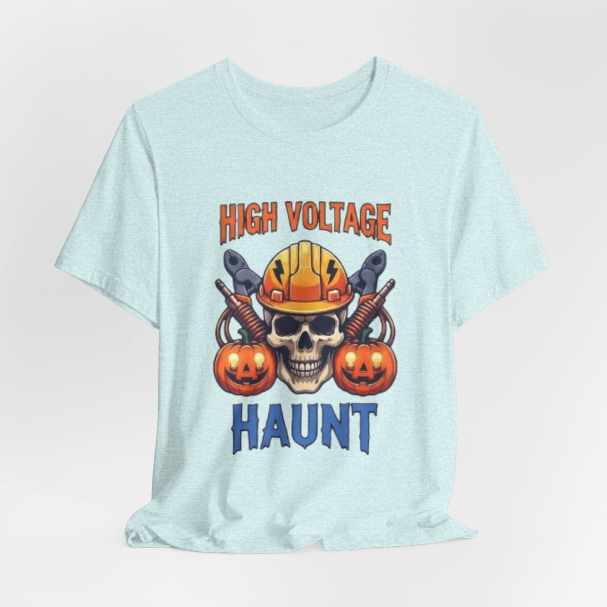 High Voltage Haunt T-Shirt — Halloween Skull, Pumpkins & Hard Hat Tee
