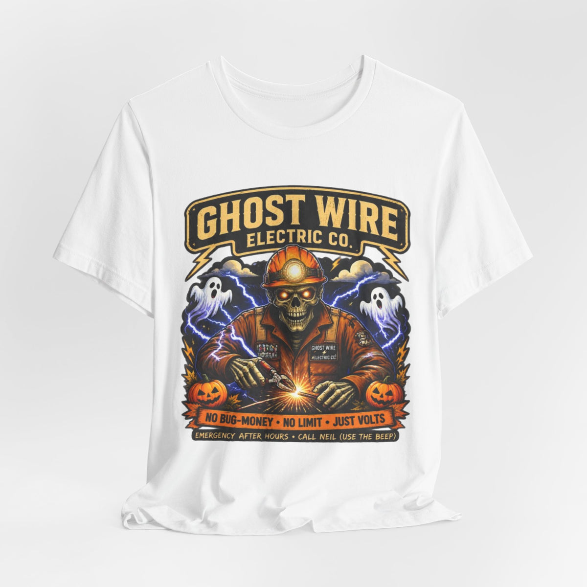 Ghost Wire Electric Co. T-Shirt — Halloween Skeleton Electrician Vintage Crew Tee