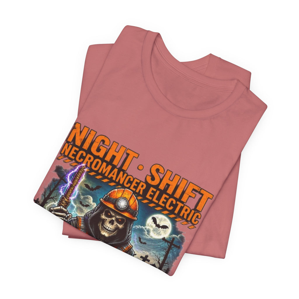 Night Shift Necromancer Electric T-Shirt — "We’ll Keep Your Power On From the Grave" Halloween Tee
