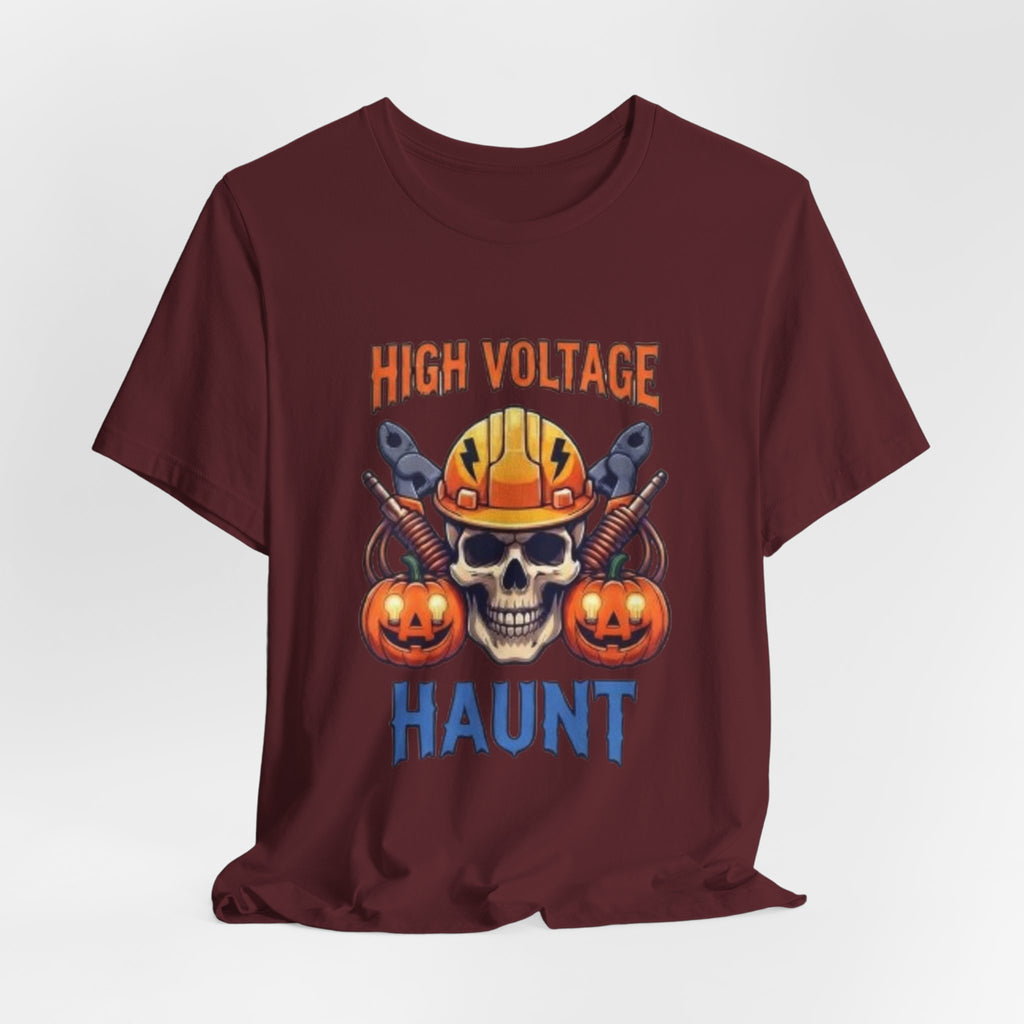 High Voltage Haunt T-Shirt — Halloween Skull, Pumpkins & Hard Hat Tee