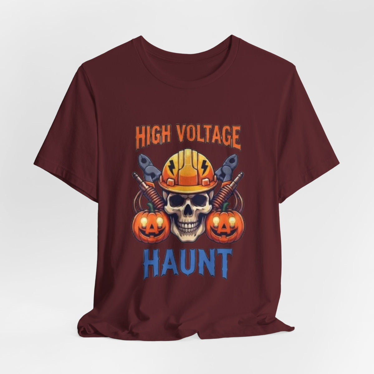 High Voltage Haunt T-Shirt — Halloween Skull, Pumpkins & Hard Hat Tee