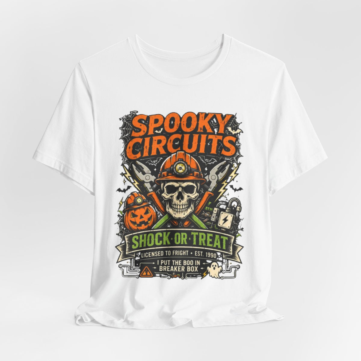 Spooky Circuits Halloween T-Shirt — "Shock or Treat" Skull & Pumpkin Tee