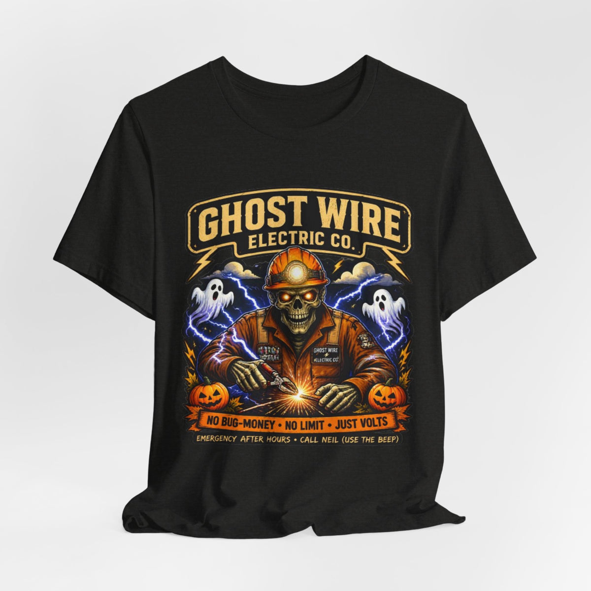 Ghost Wire Electric Co. T-Shirt — Halloween Skeleton Electrician Vintage Crew Tee