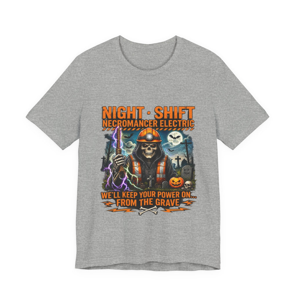 Night Shift Necromancer Electric T-Shirt — "We’ll Keep Your Power On From the Grave" Halloween Tee