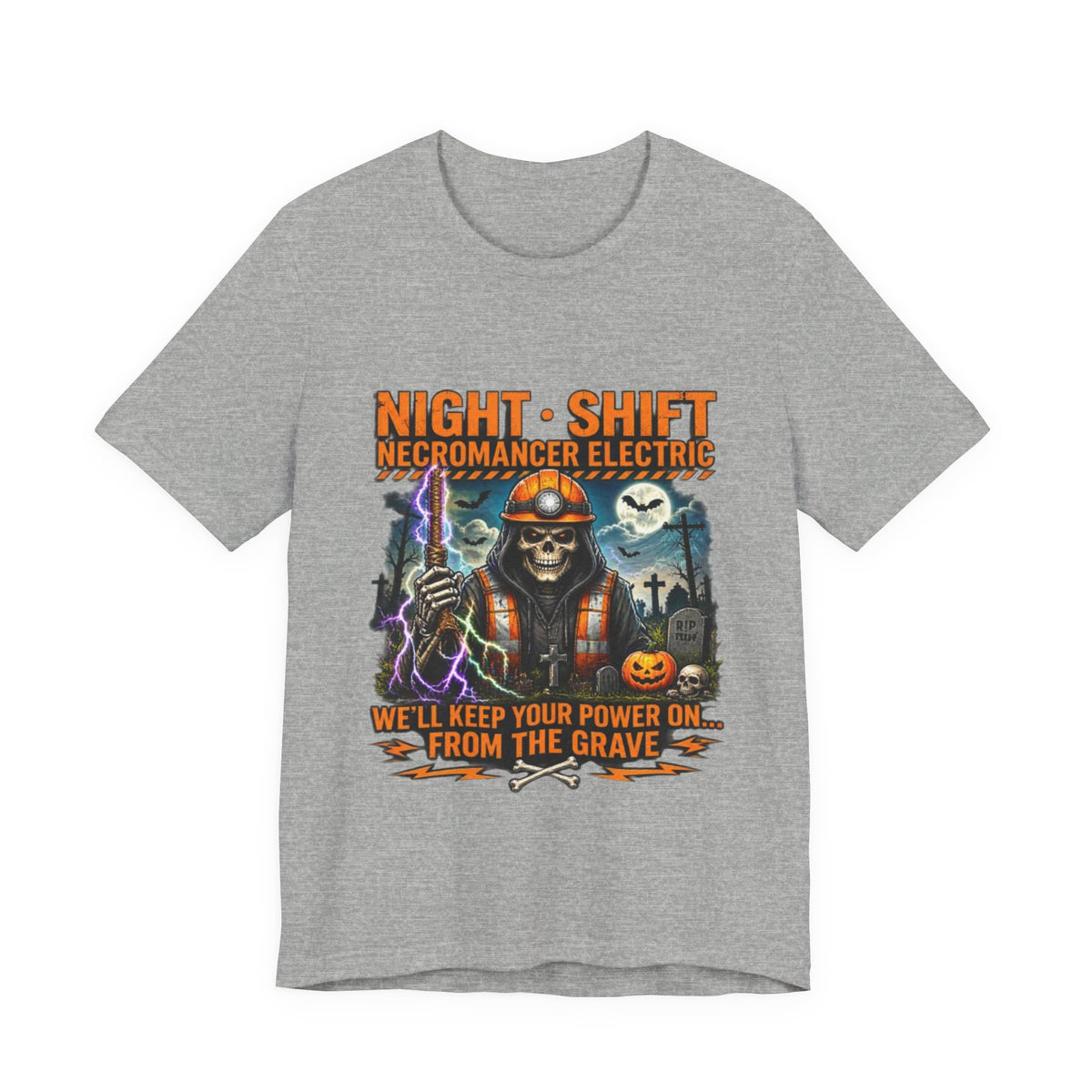 Night Shift Necromancer Electric T-Shirt — "We’ll Keep Your Power On From the Grave" Halloween Tee