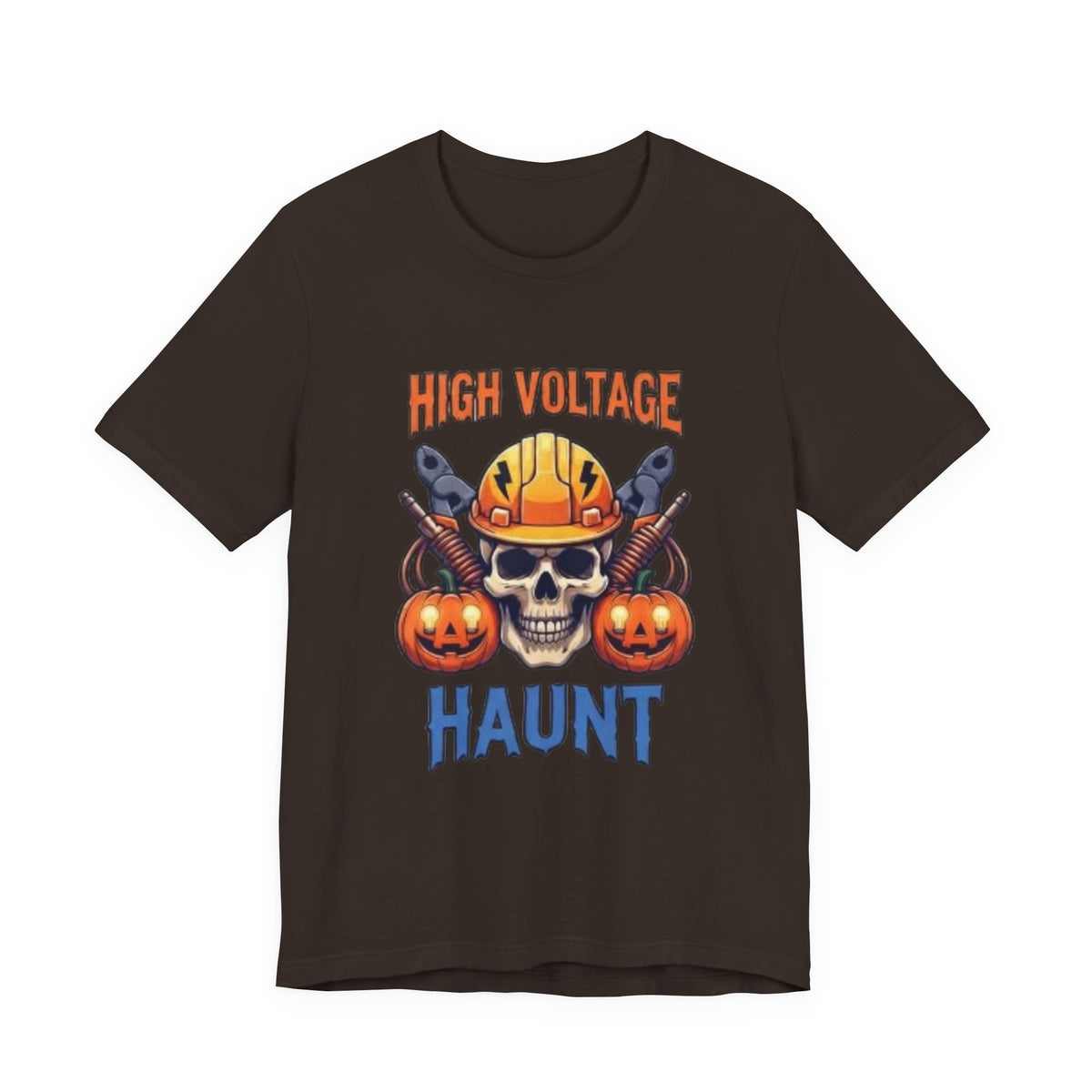 High Voltage Haunt T-Shirt — Halloween Skull, Pumpkins & Hard Hat Tee