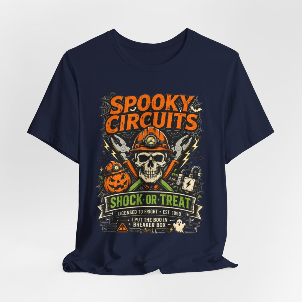 Spooky Circuits Halloween T-Shirt — "Shock or Treat" Skull & Pumpkin Tee
