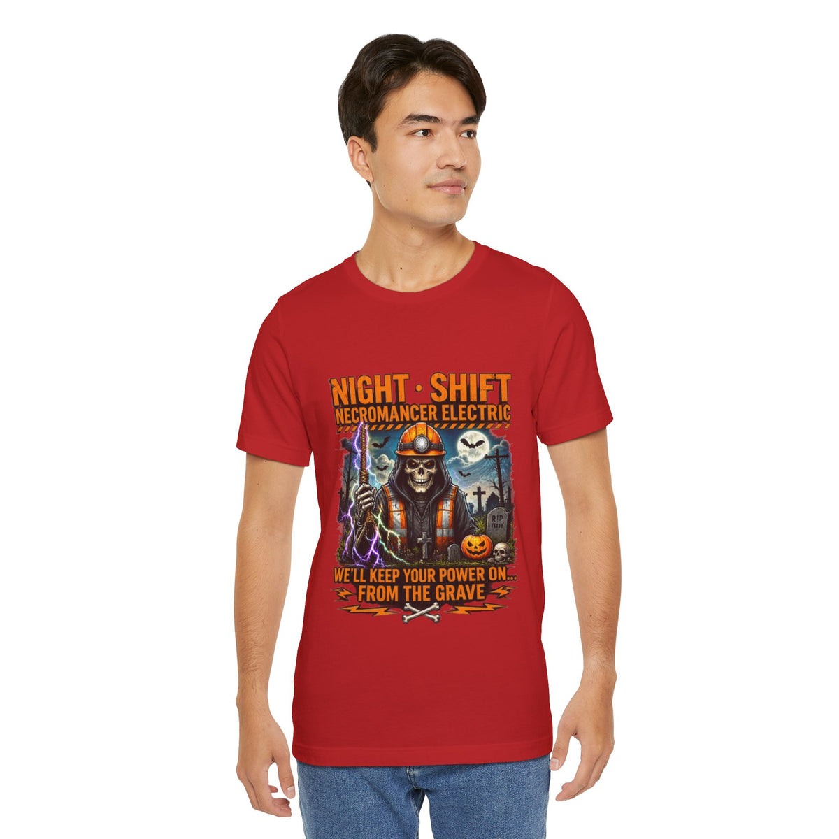 Night Shift Necromancer Electric T-Shirt — "We’ll Keep Your Power On From the Grave" Halloween Tee