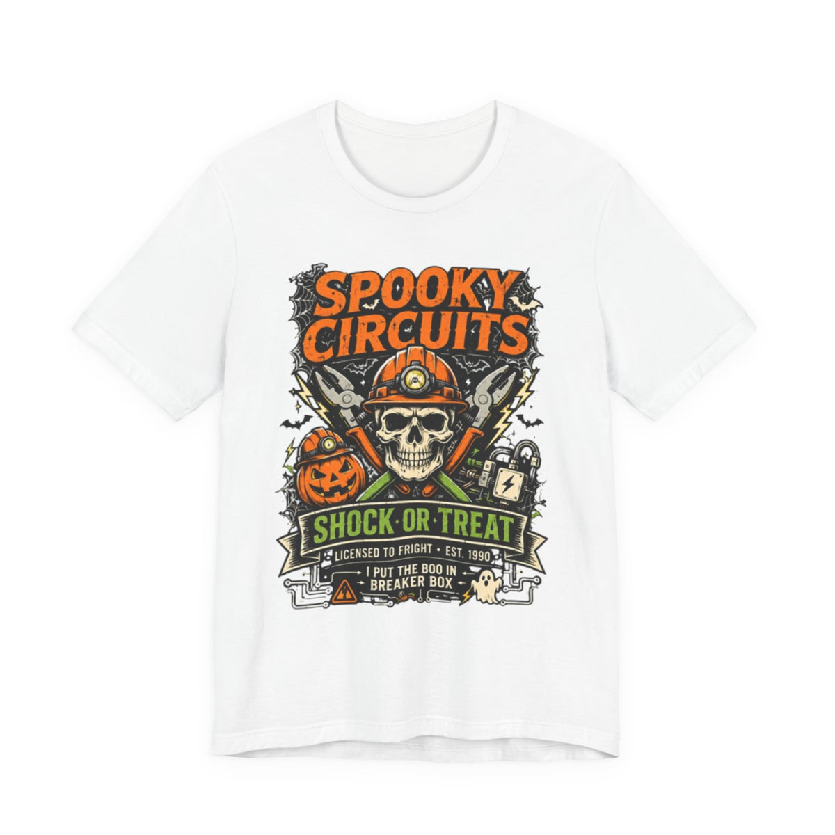 Spooky Circuits Halloween T-Shirt — "Shock or Treat" Skull & Pumpkin Tee