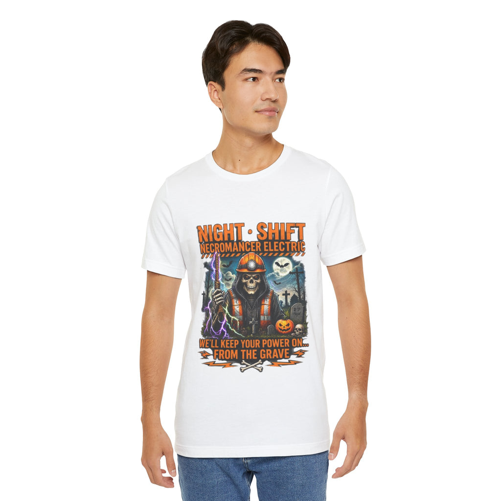 Night Shift Necromancer Electric T-Shirt — "We’ll Keep Your Power On From the Grave" Halloween Tee