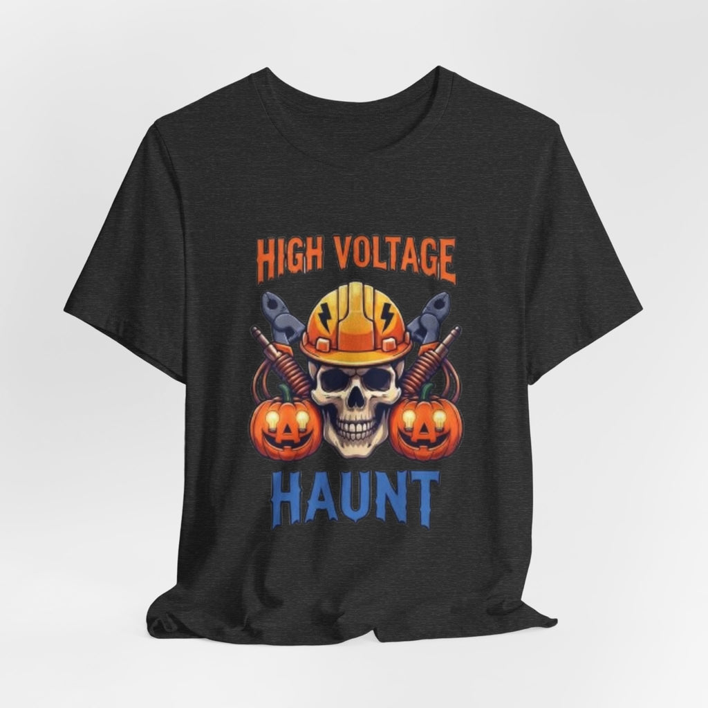 High Voltage Haunt T-Shirt — Halloween Skull, Pumpkins & Hard Hat Tee