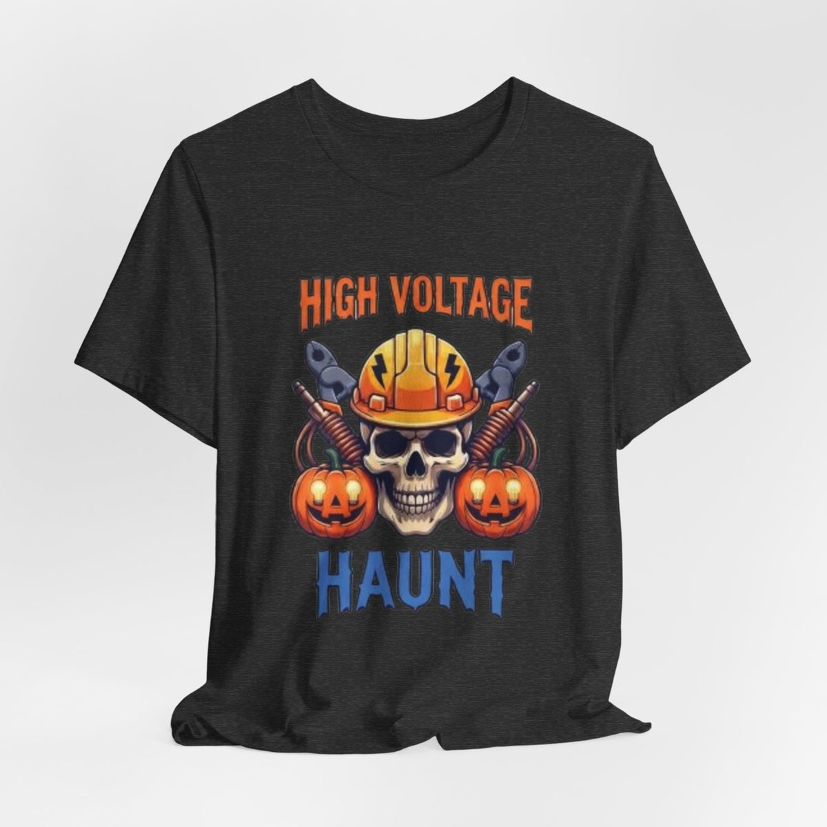 High Voltage Haunt T-Shirt — Halloween Skull, Pumpkins & Hard Hat Tee
