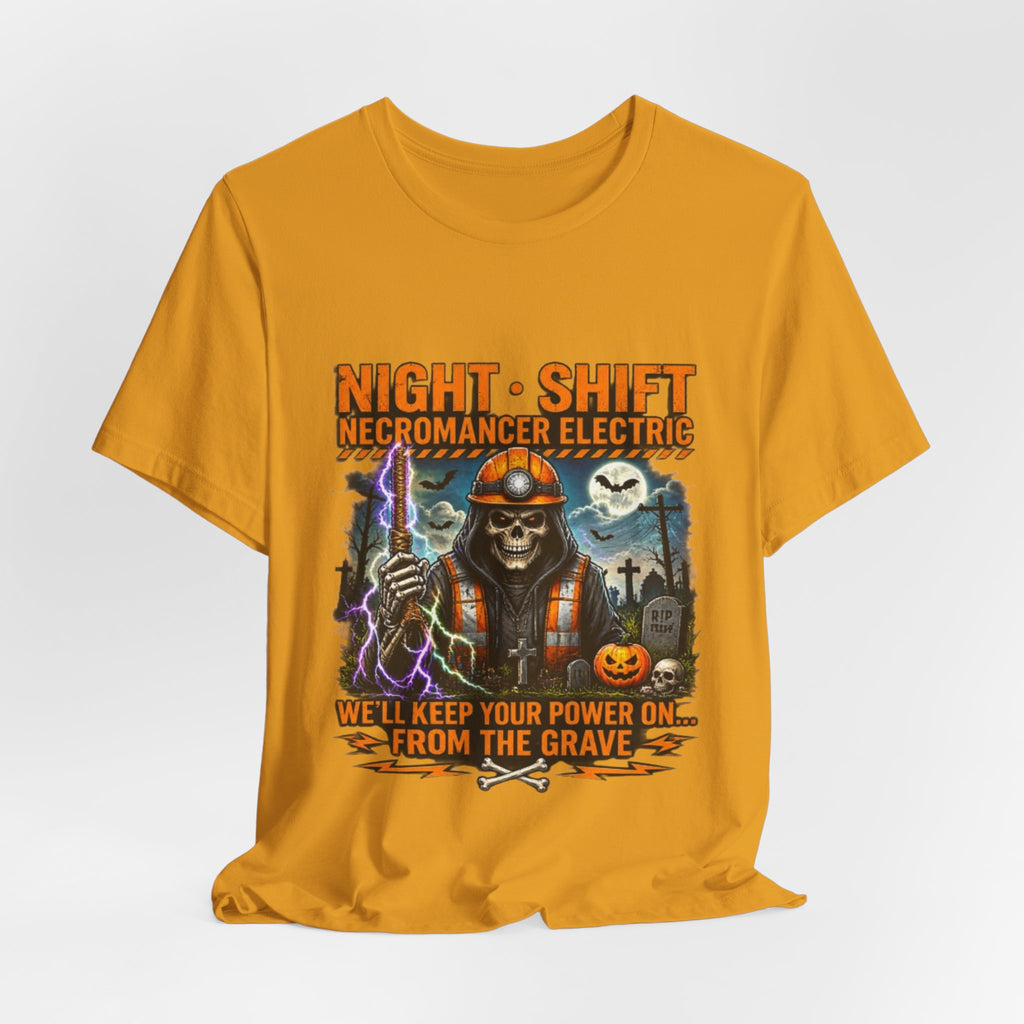 Night Shift Necromancer Electric T-Shirt — "We’ll Keep Your Power On From the Grave" Halloween Tee