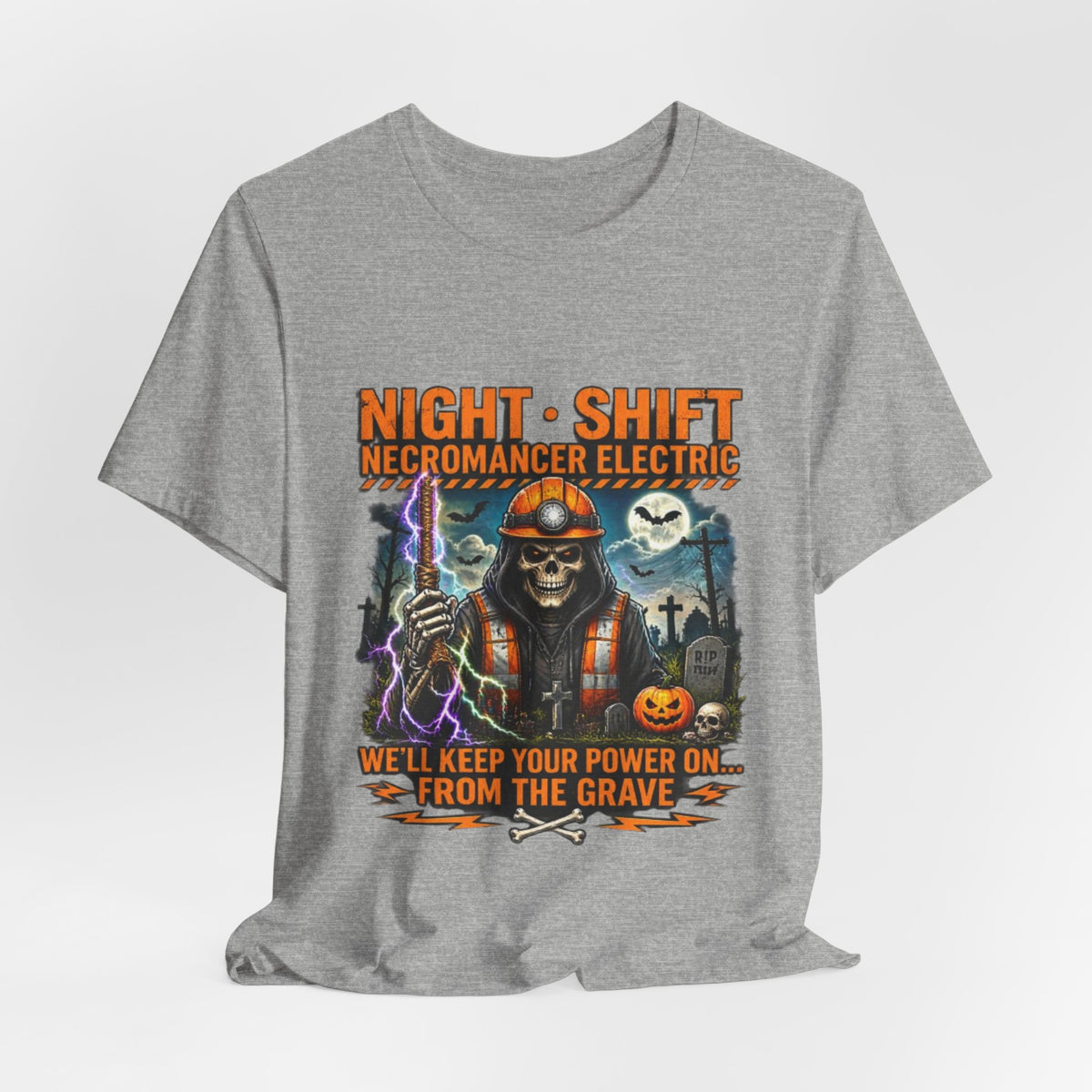 Night Shift Necromancer Electric T-Shirt — "We’ll Keep Your Power On From the Grave" Halloween Tee