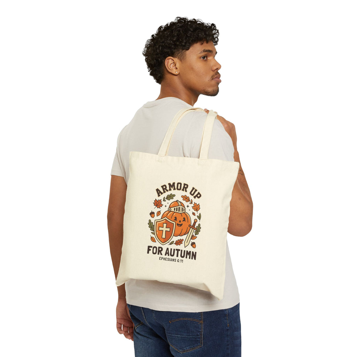 Armor Up For Autumn Tote | Christian Halloween pumpkin shield, Ephesians 6:11 canvas