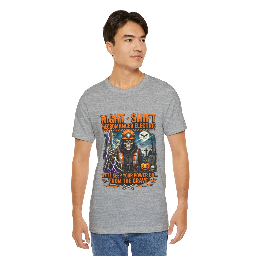Night Shift Necromancer Electric T-Shirt — "We’ll Keep Your Power On From the Grave" Halloween Tee