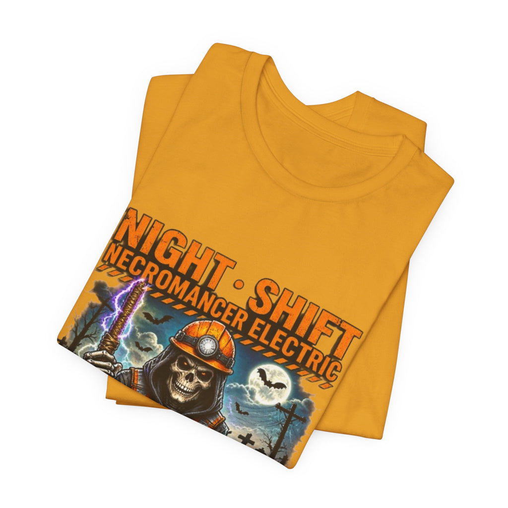 Night Shift Necromancer Electric T-Shirt — "We’ll Keep Your Power On From the Grave" Halloween Tee