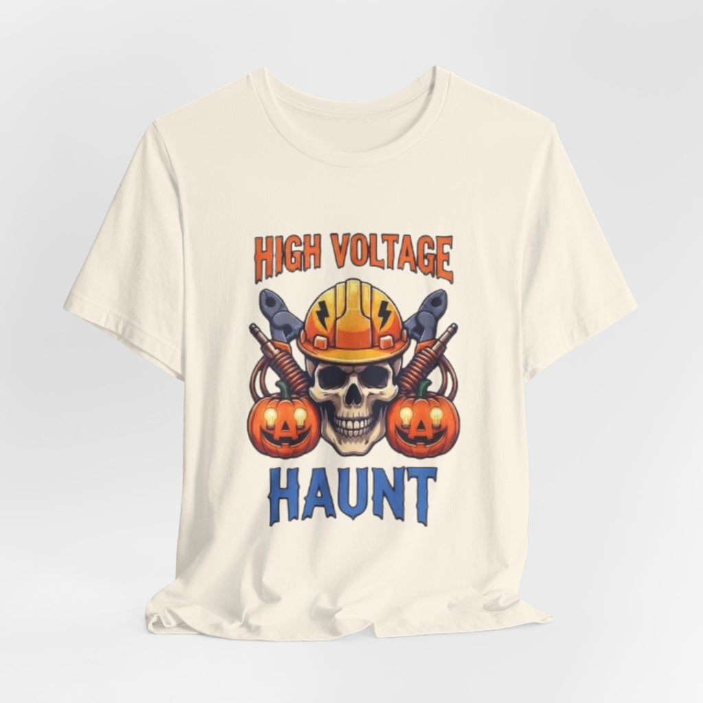 High Voltage Haunt T-Shirt — Halloween Skull, Pumpkins & Hard Hat Tee