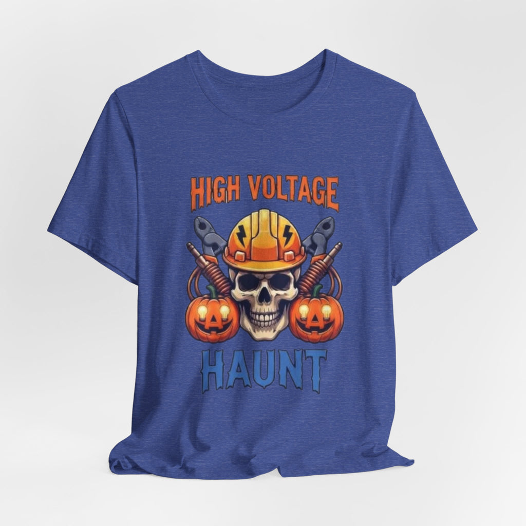 High Voltage Haunt T-Shirt — Halloween Skull, Pumpkins & Hard Hat Tee