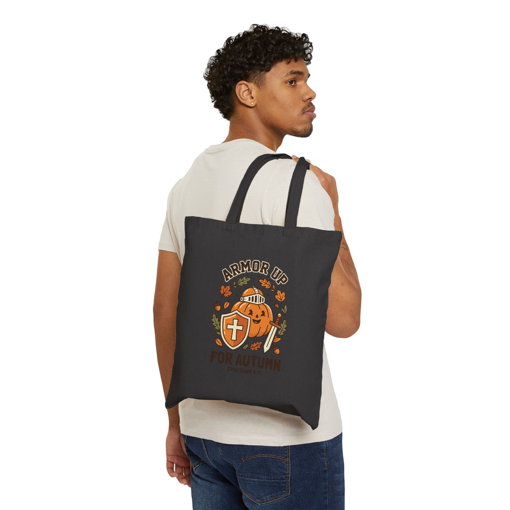 Armor Up For Autumn Tote | Christian Halloween pumpkin shield, Ephesians 6:11 canvas