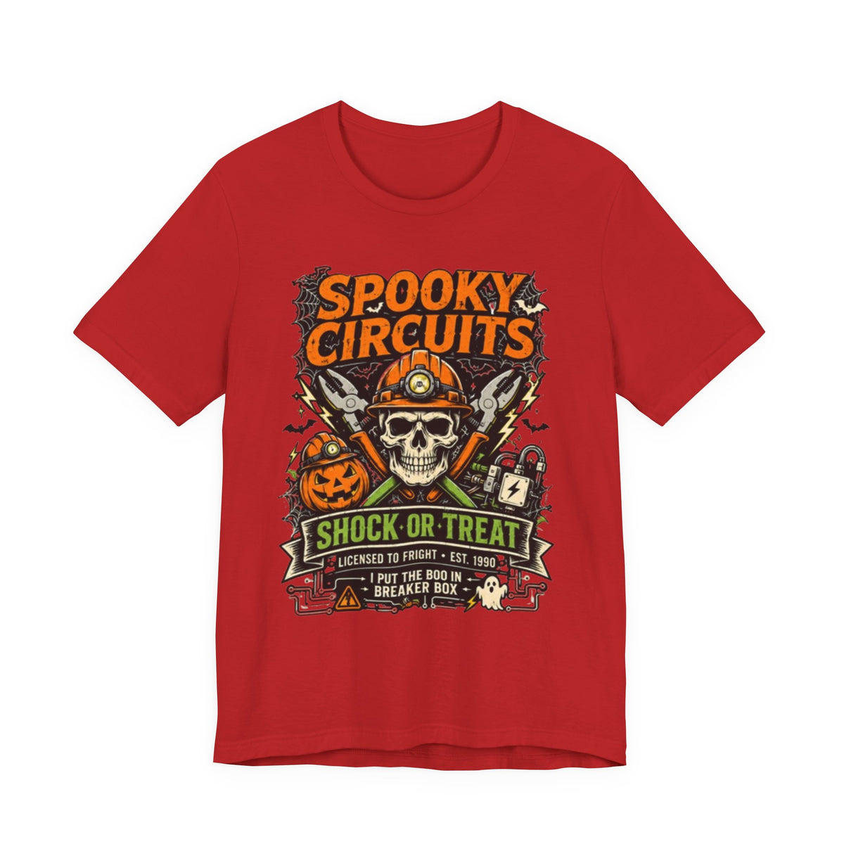 Spooky Circuits Halloween T-Shirt — "Shock or Treat" Skull & Pumpkin Tee