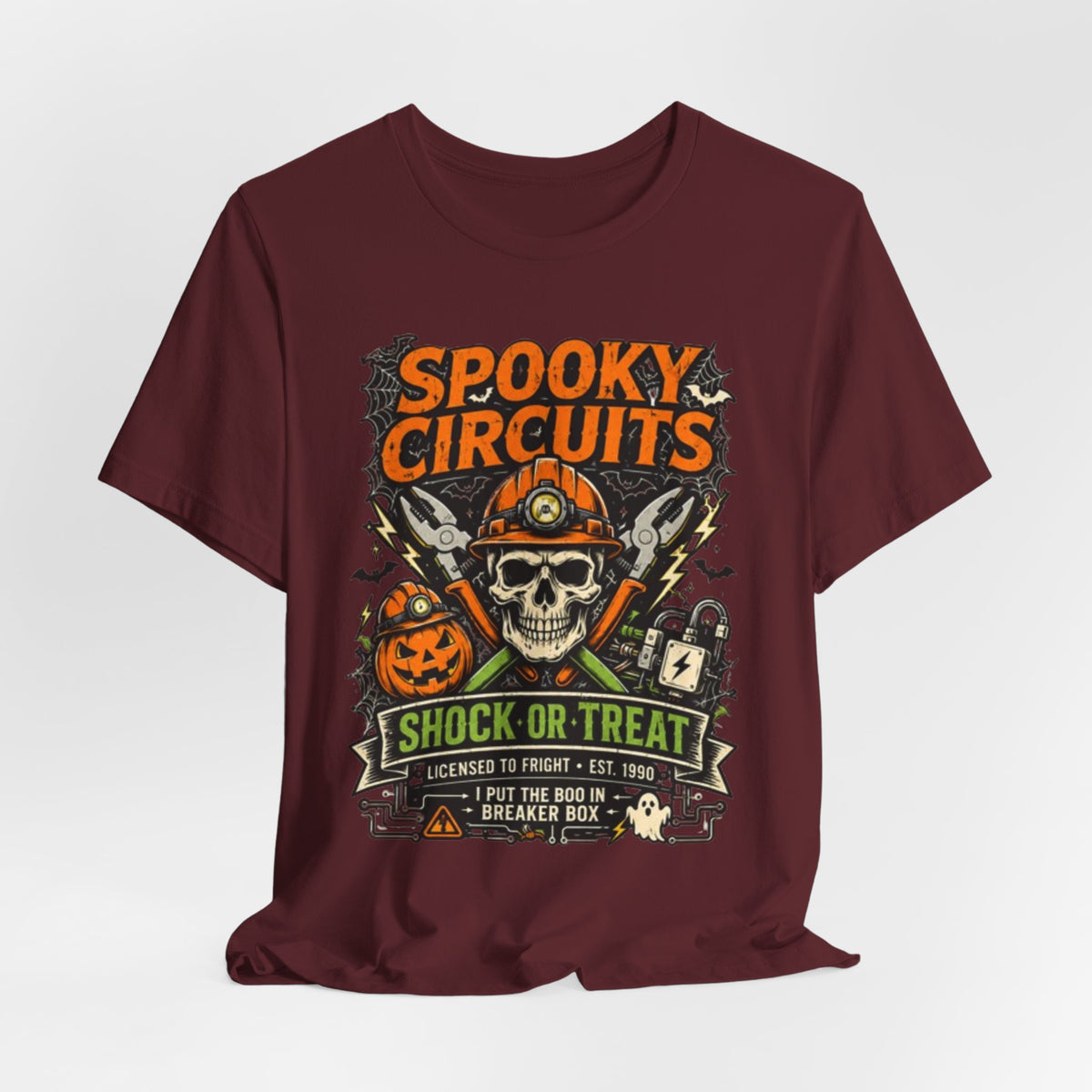 Spooky Circuits Halloween T-Shirt — "Shock or Treat" Skull & Pumpkin Tee