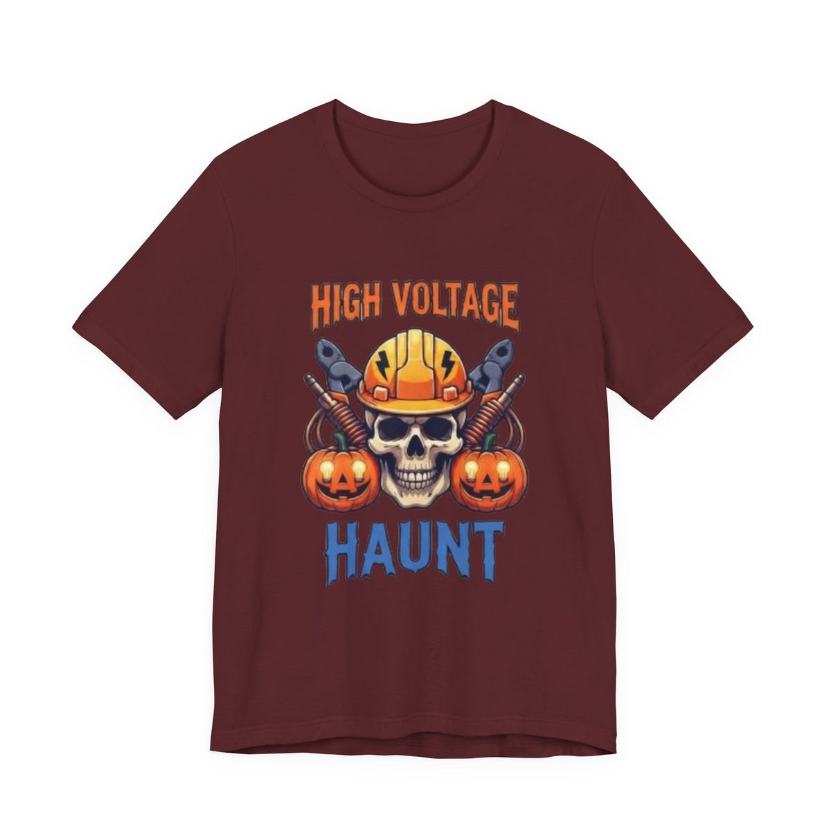 High Voltage Haunt T-Shirt — Halloween Skull, Pumpkins & Hard Hat Tee