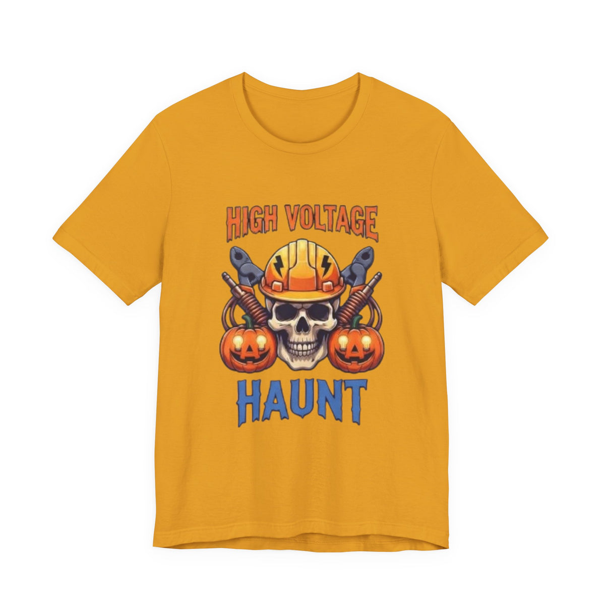 High Voltage Haunt T-Shirt — Halloween Skull, Pumpkins & Hard Hat Tee