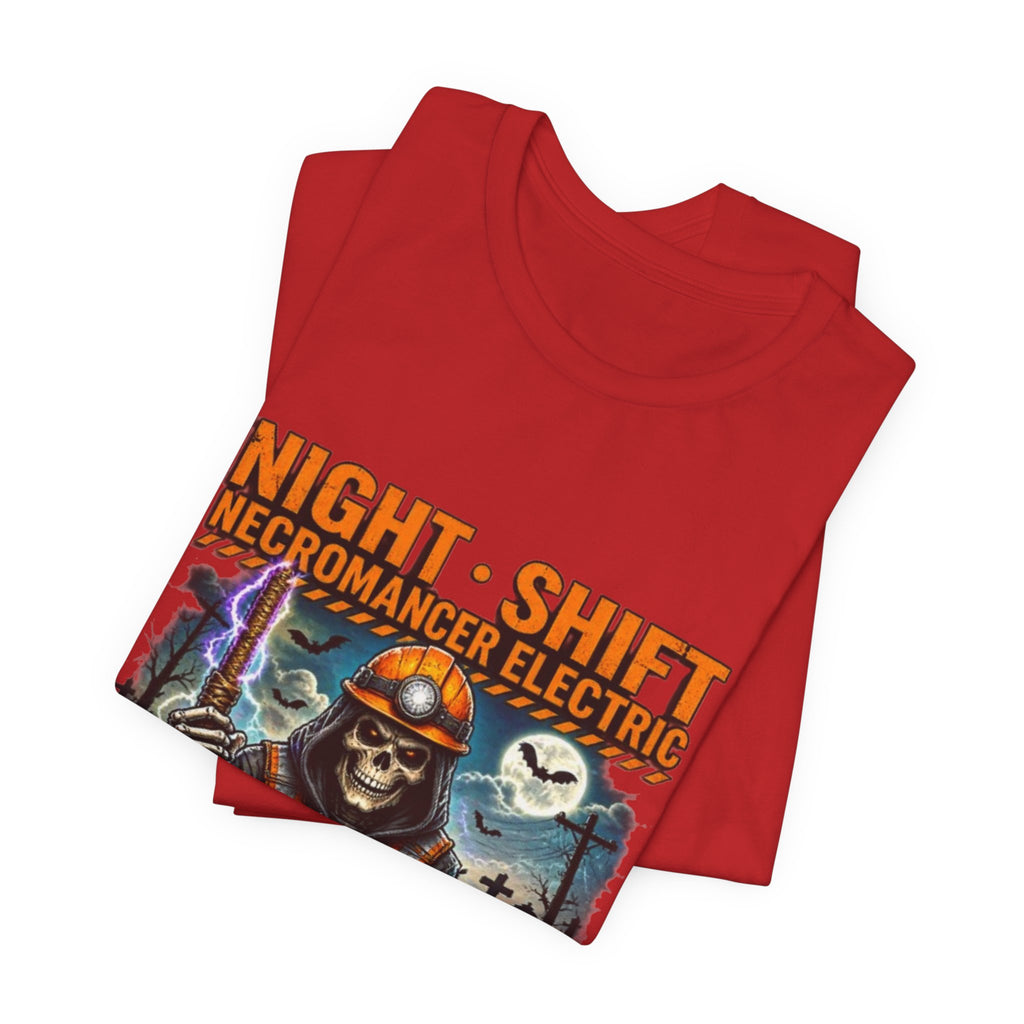 Night Shift Necromancer Electric T-Shirt — "We’ll Keep Your Power On From the Grave" Halloween Tee