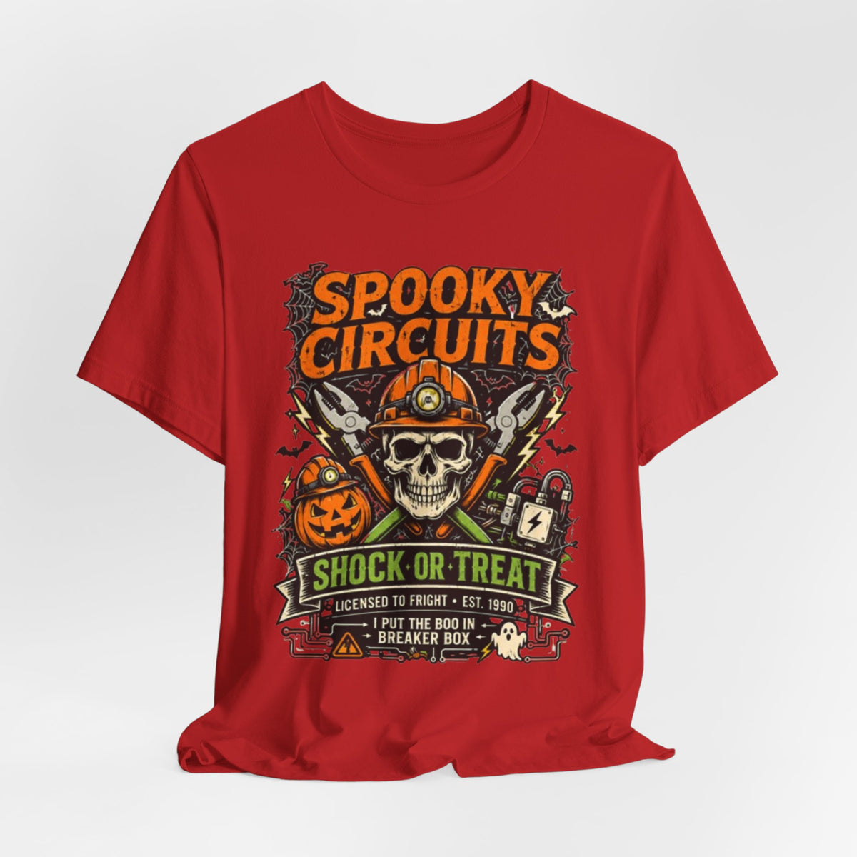Spooky Circuits Halloween T-Shirt — "Shock or Treat" Skull & Pumpkin Tee