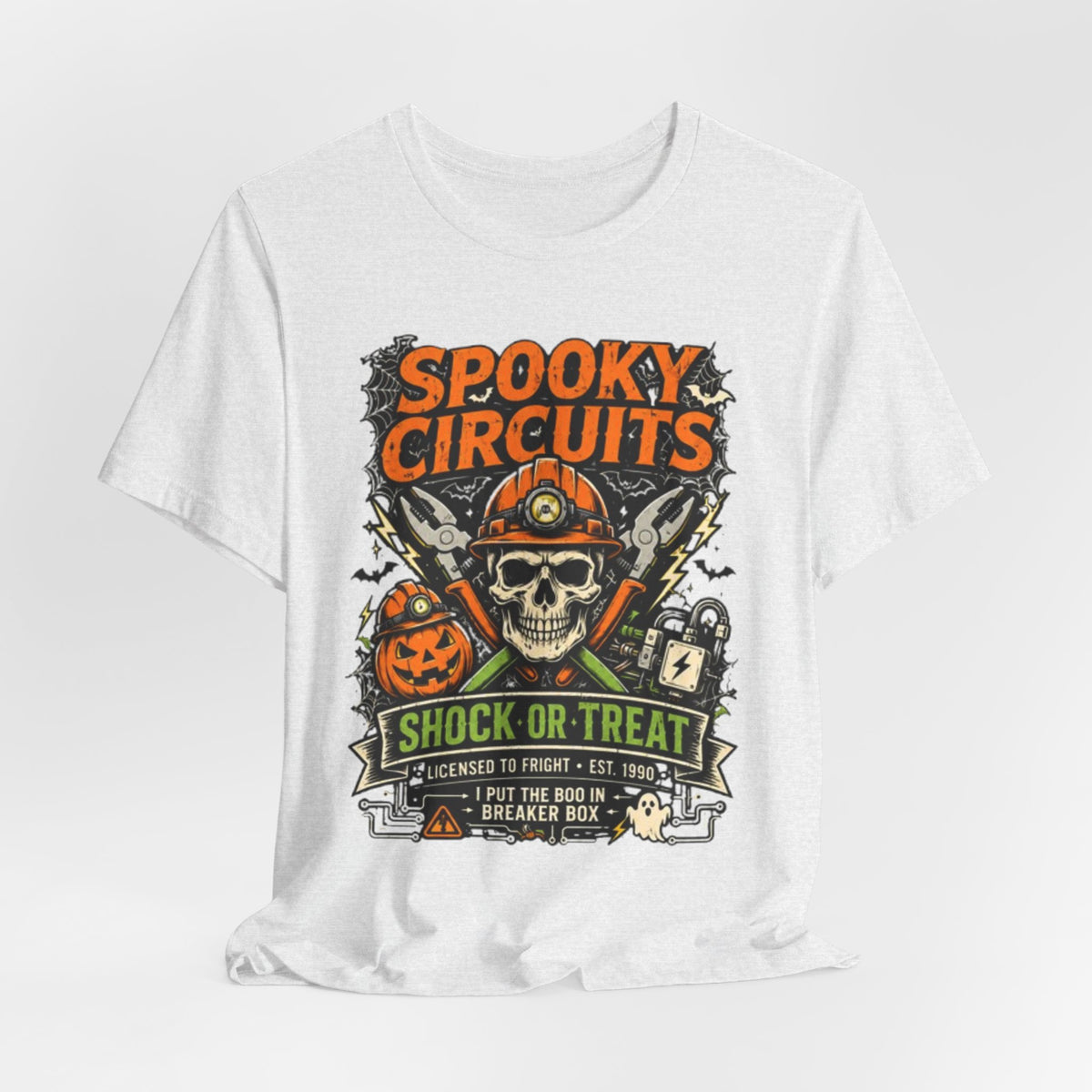 Spooky Circuits Halloween T-Shirt — "Shock or Treat" Skull & Pumpkin Tee