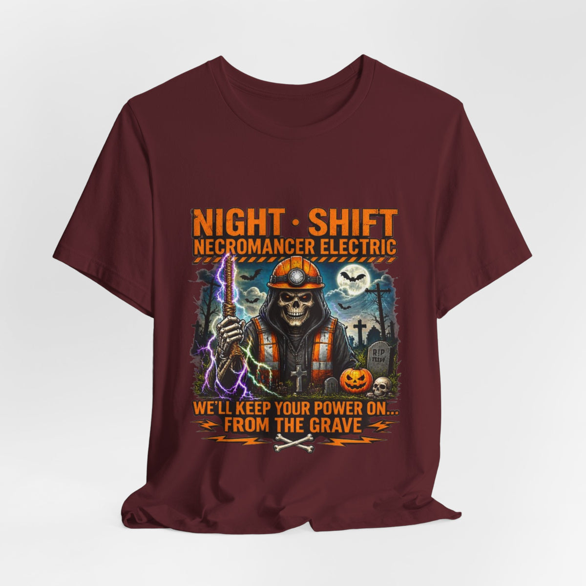Night Shift Necromancer Electric T-Shirt — "We’ll Keep Your Power On From the Grave" Halloween Tee