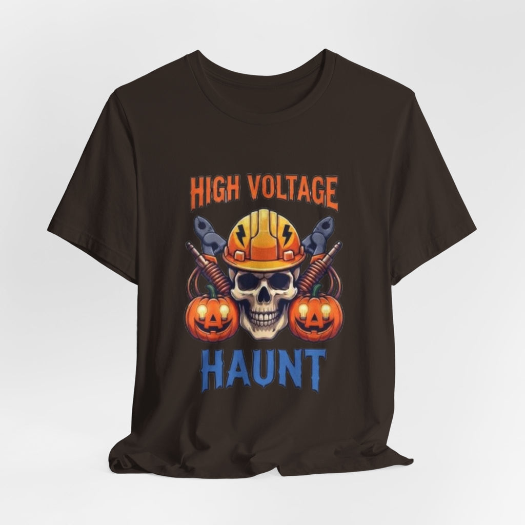 High Voltage Haunt T-Shirt — Halloween Skull, Pumpkins & Hard Hat Tee