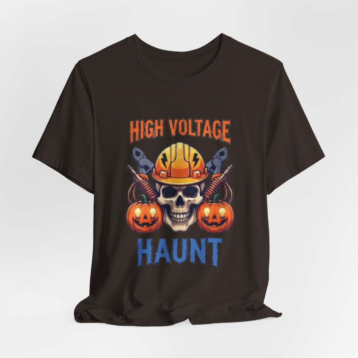 High Voltage Haunt T-Shirt — Halloween Skull, Pumpkins & Hard Hat Tee