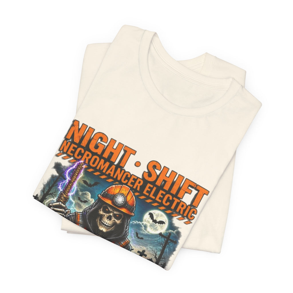 Night Shift Necromancer Electric T-Shirt — "We’ll Keep Your Power On From the Grave" Halloween Tee
