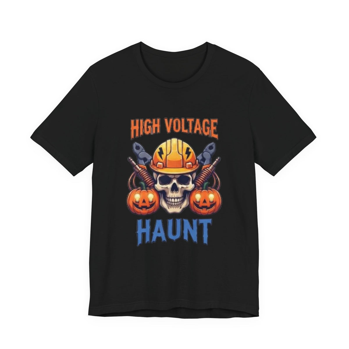 High Voltage Haunt T-Shirt — Halloween Skull, Pumpkins & Hard Hat Tee