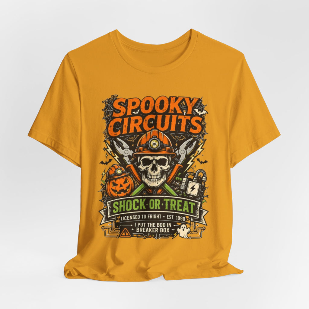 Spooky Circuits Halloween T-Shirt — "Shock or Treat" Skull & Pumpkin Tee