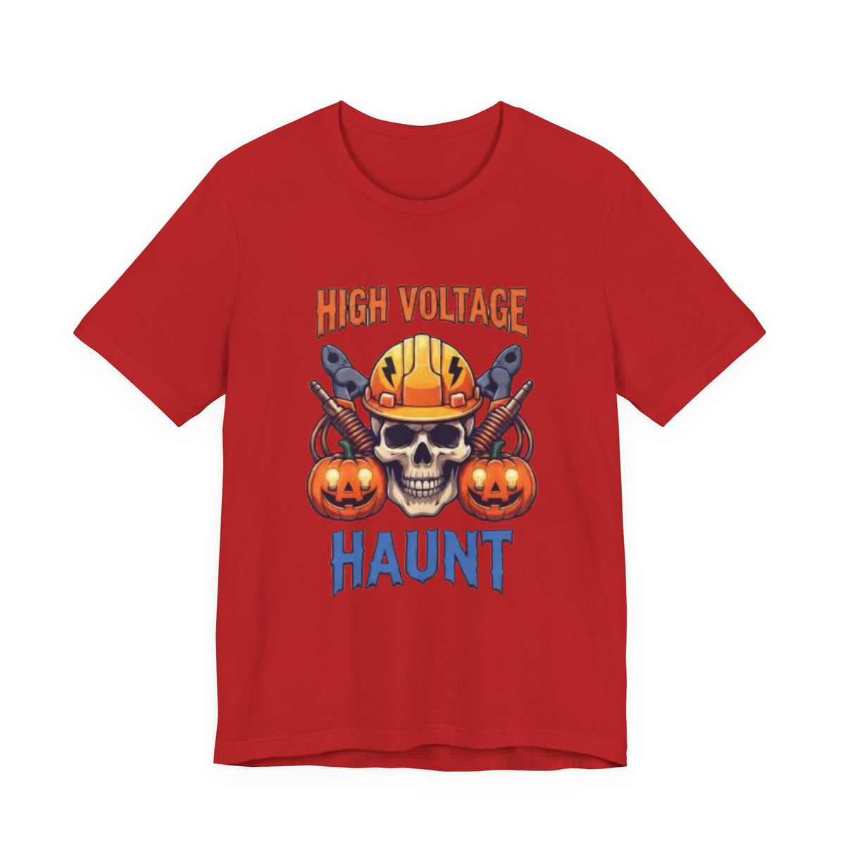 High Voltage Haunt T-Shirt — Halloween Skull, Pumpkins & Hard Hat Tee