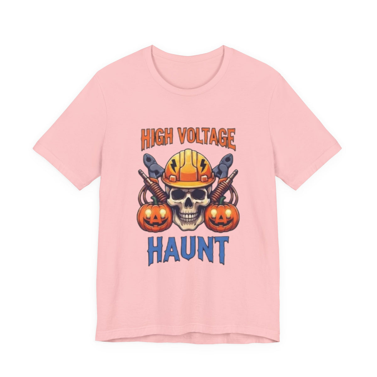 High Voltage Haunt T-Shirt — Halloween Skull, Pumpkins & Hard Hat Tee