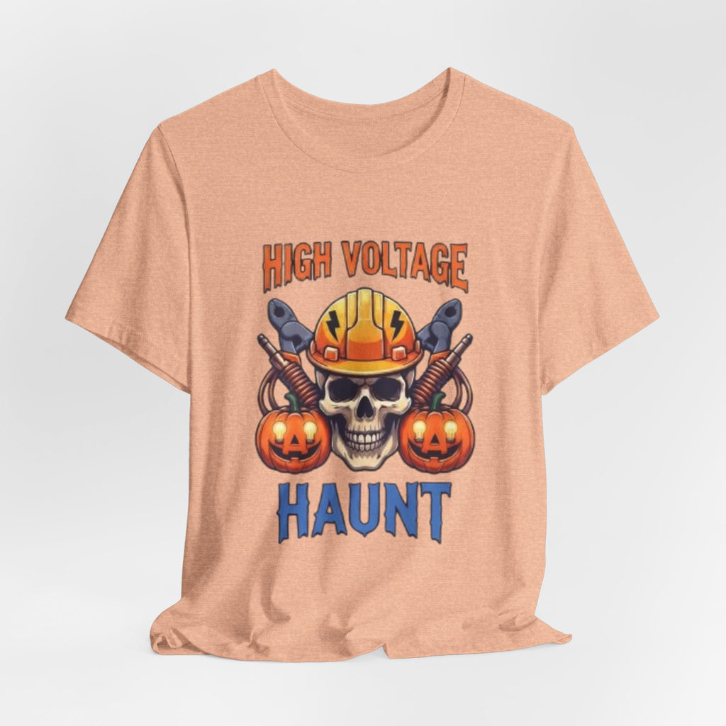High Voltage Haunt T-Shirt — Halloween Skull, Pumpkins & Hard Hat Tee