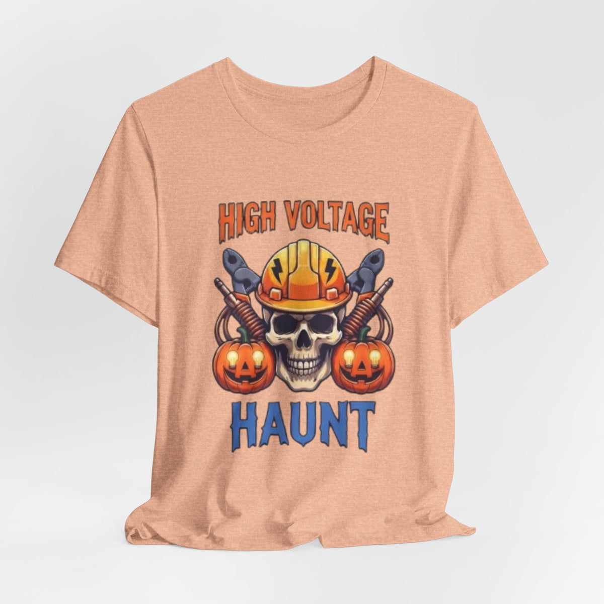 High Voltage Haunt T-Shirt — Halloween Skull, Pumpkins & Hard Hat Tee