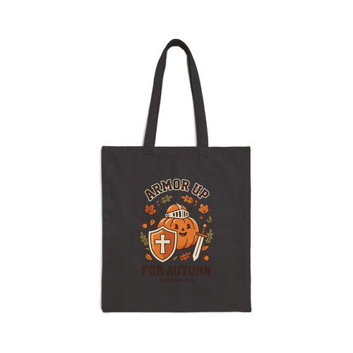 Armor Up For Autumn Tote | Christian Halloween pumpkin shield, Ephesians 6:11 canvas