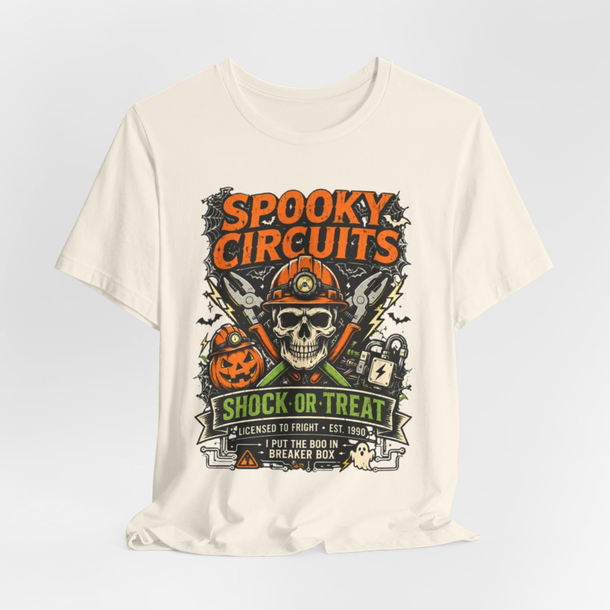 Spooky Circuits Halloween T-Shirt — "Shock or Treat" Skull & Pumpkin Tee